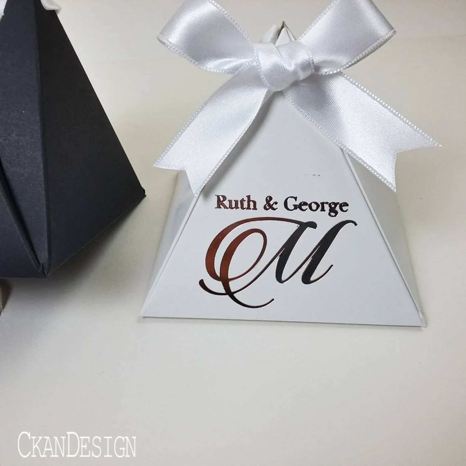 Black and White, Pyramid Favor Box, Personalized Favor Gift Boxes, Foil