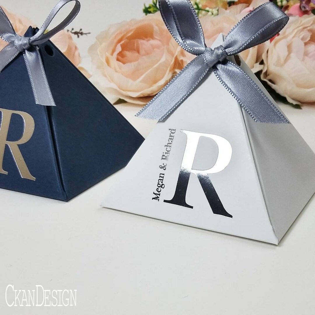 Navy Blue, Pyramid Favor Box, Personalized Favor Gift, Foil Box, Hot