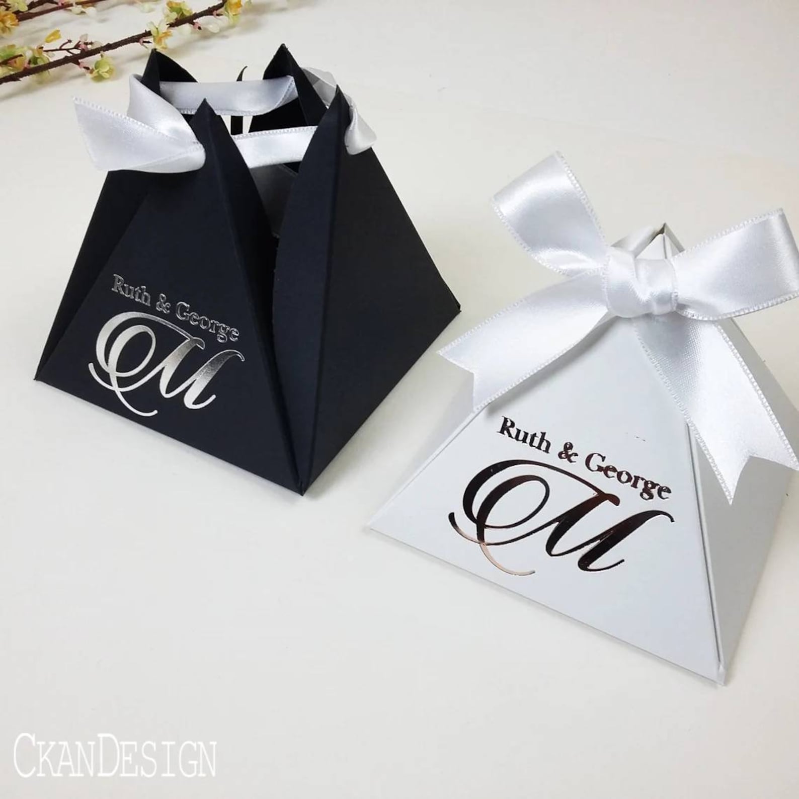 Black and White, Pyramid Favor Box, Personalized Favor Gift Boxes, Foil