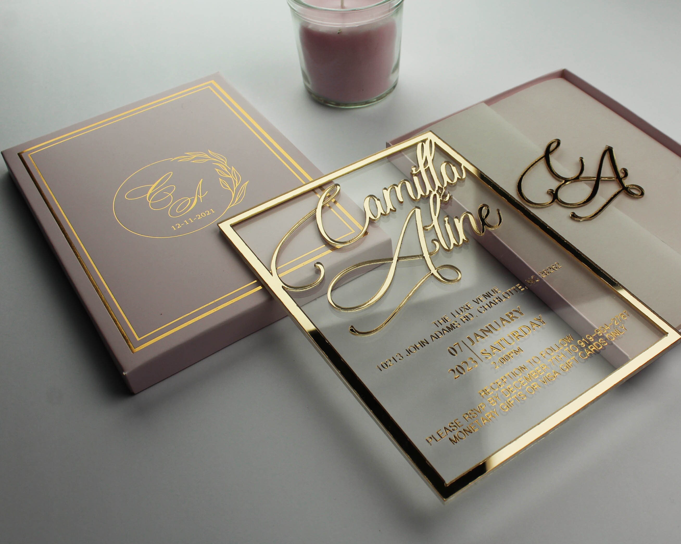 Modern Mirror Gold Plexi Wedding Invitation, Luxury Boxed Wedding Invitation Envelope & Box and