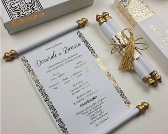 Elegance Scroll Custom Invitations, Real Gold Foil, Imprinted Scroll Invitations, Boxed Embossed Wedding Invitations, Holographic Foil Print