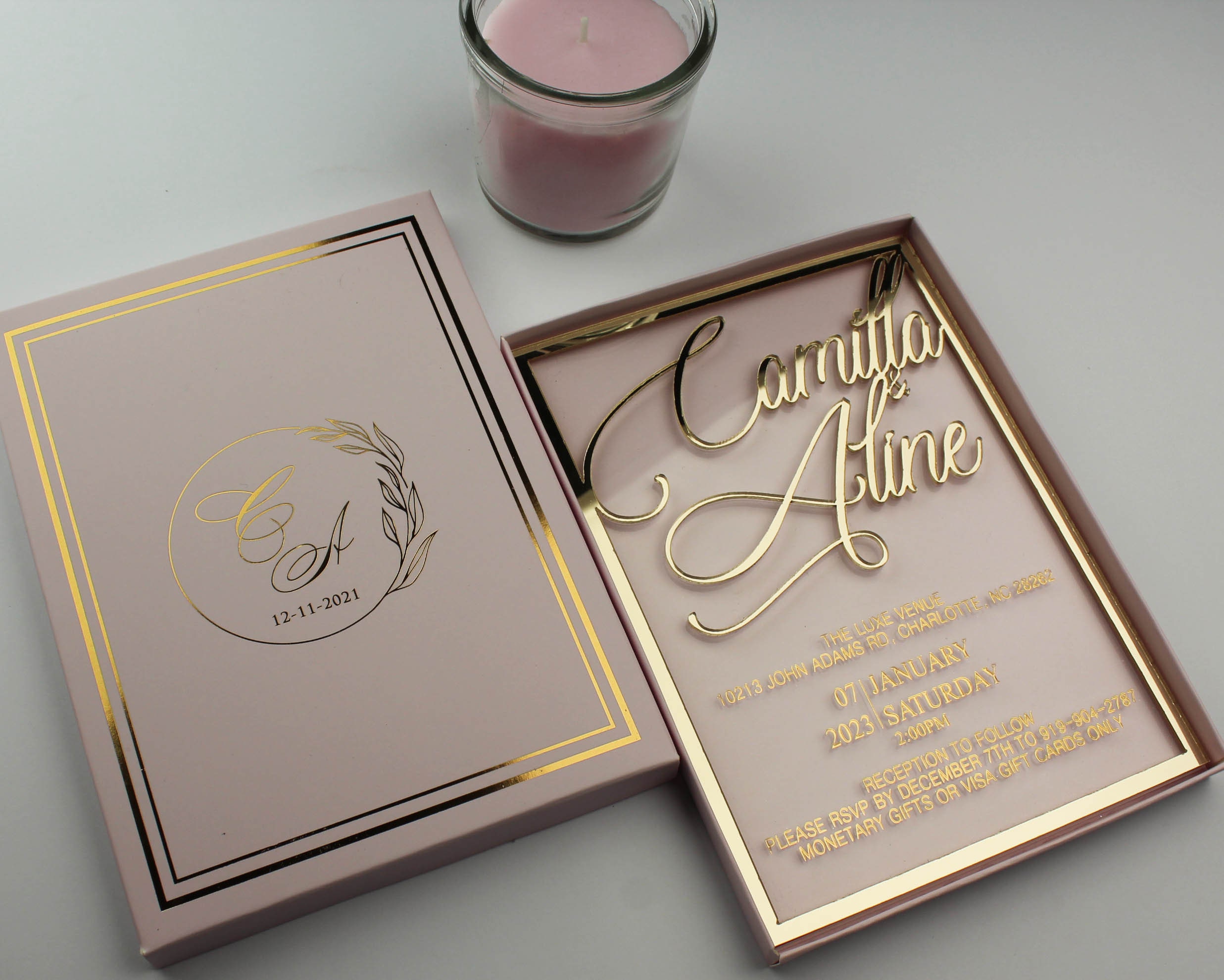 Modern Mirror Gold Plexi Wedding Invitation, Luxury Boxed Wedding Invitation Envelope & Box and