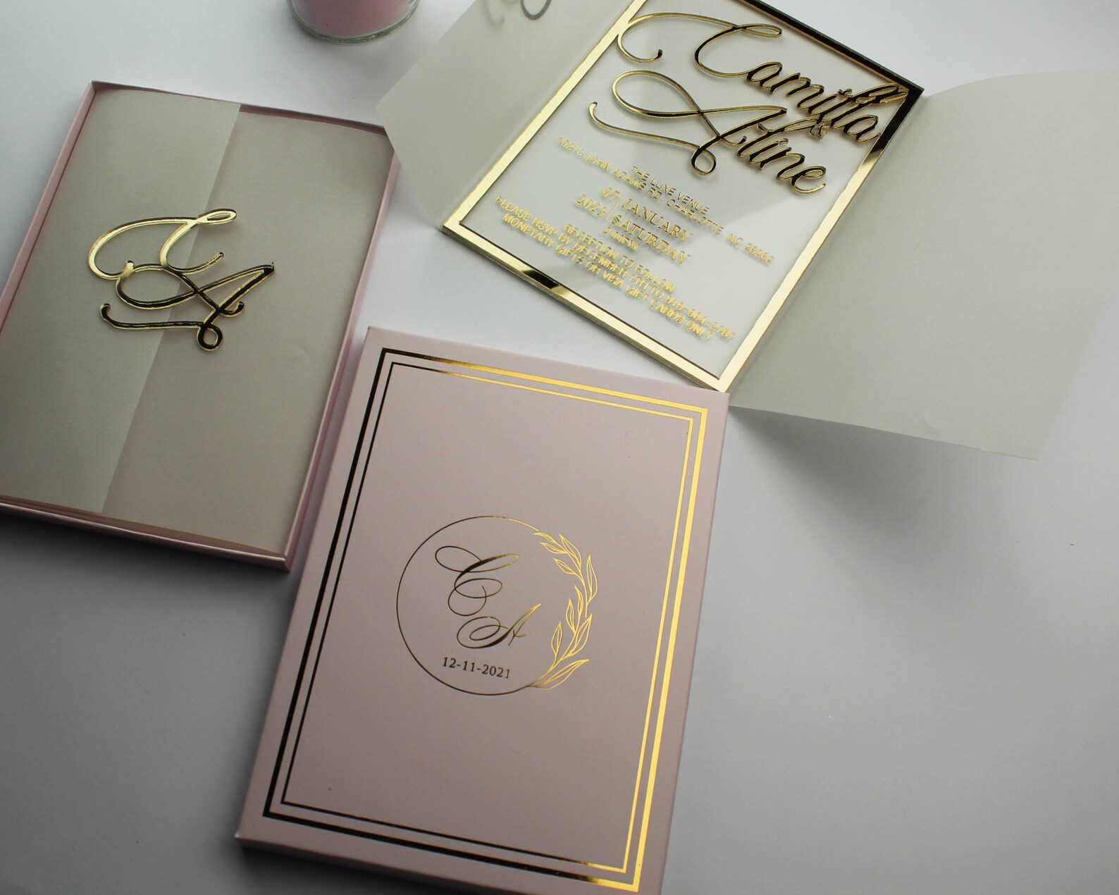 Modern Mirror Gold Plexi Wedding Invitation, Luxury Boxed Wedding Invitation Envelope & Box and