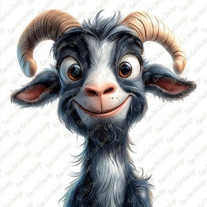 May include: A digital illustration of a smiling goat with large brown eyes and curved horns. The goat has a black and white coat with a pink nose and ears. The background is white, with the words "Ezo Art Design" repeated.
