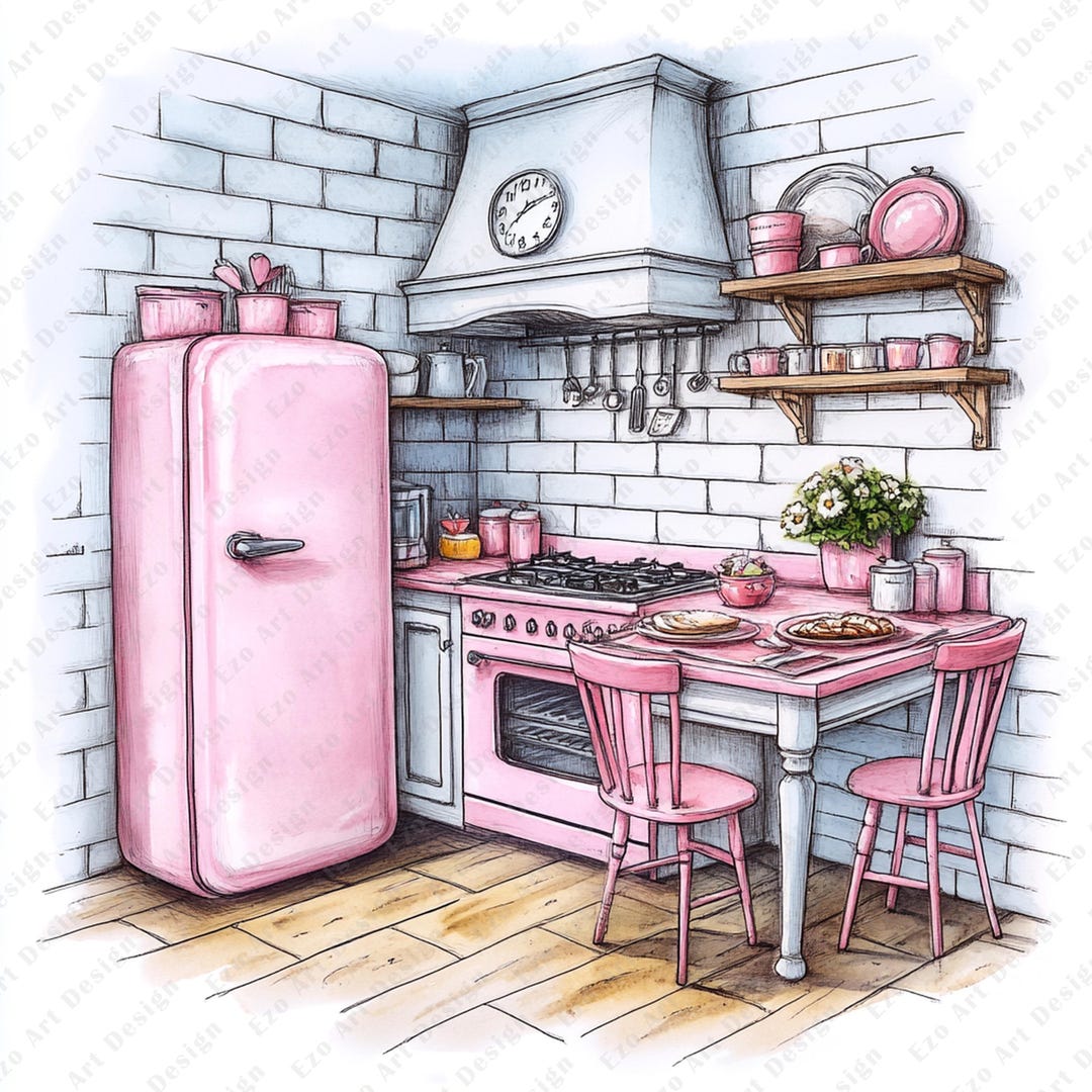 Pink Kitchen Clipart, 12 JPG, Digital Download, Printable Retro Kitchen ...