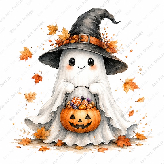 Cute Ghost Clipart, Pumpkin Patch Printable, Autumn Halloween Art (Digital Download)