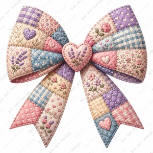 May include: A decorative bow featuring a patchwork design with quilted textures. The pattern includes squares of lavender, pink, and blue fabric with floral, heart, and gingham prints. A central heart-shaped emblem displays lavender sprigs.