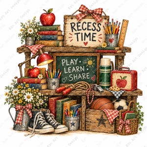 May include: A multi-tiered wooden shelf display featuring school-themed items including stacks of books, a chalkboard with the text "PLAY LEARN SHARE," a sign reading "RECESS TIME," a red apple, pencils, a jump rope, sneakers, and a basketball.