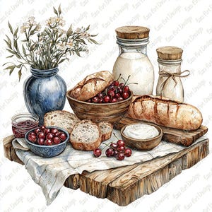 Rustic Breakfast Table Clipart, 10 High Quality JPG, Pancake Brunch, Brunch Breakfast, Fruit pie Digital Download, junk journal Kit