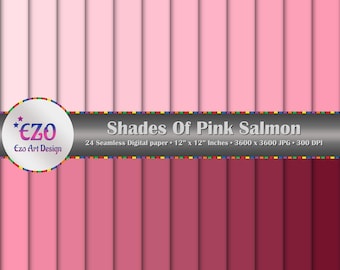 May include: A digital paper pack with 24 seamless patterns in shades of pink and salmon. The pack includes 12" x 12" digital papers at 300 DPI. The text "Shades of Pink Salmon" is displayed on the image.