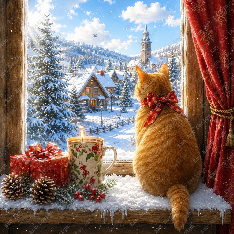 May include: An orange tabby cat with a red patterned bow sits on a snowy windowsill next to a lit mug with holly patterns, a red gift box with a bow, and two pinecones, overlooking a winter village scene with snow-covered trees and houses.