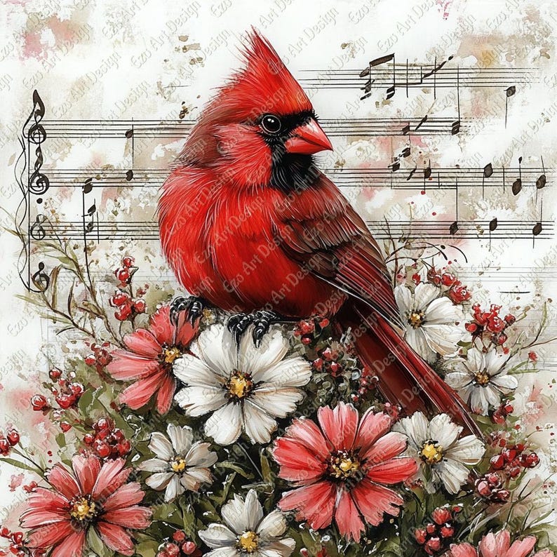 Floral Cardinal Clipart, Red Songbird JPG, Junk Journal Kit (digital ...