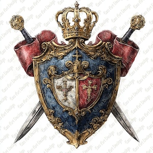 Royal Coat of Arms Clipart, 10 High Quality JPG, Heraldic Lions, Medieval Decor, Knight Armor Digital Download, junk journal Kit