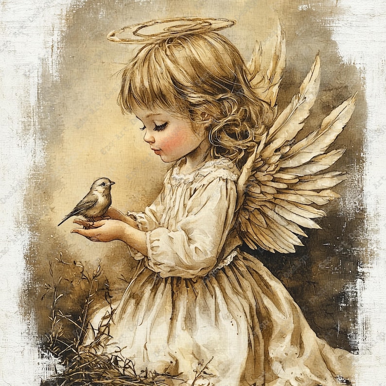 May include: A sepia-toned illustration of a young angel with blonde hair, a halo, and large feathered wings. The angel wears a light-colored dress and holds a small bird in their hands. The artwork features a textured, weathered background.