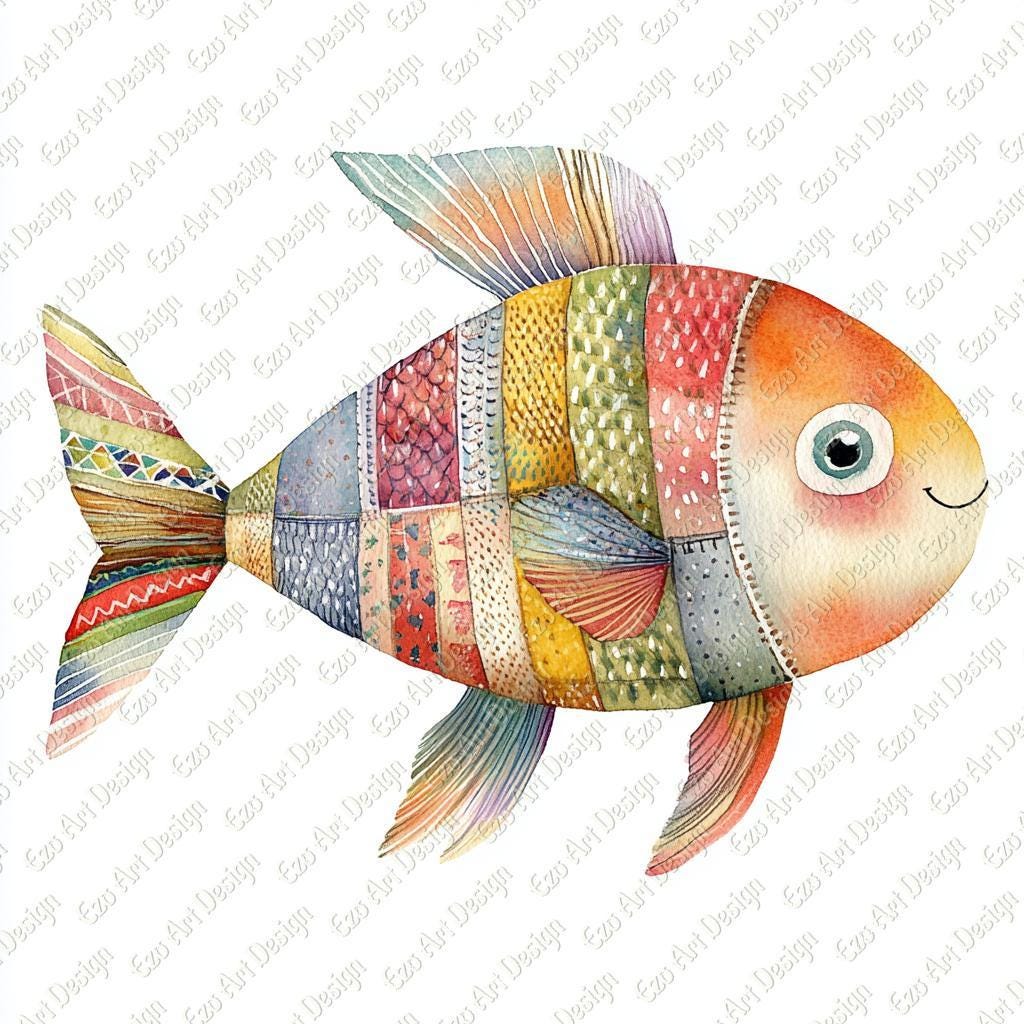 Patchwork Fish Patchwork Fish Art Clipart, Watercolor Quilted Style Nursery Decor (10 ...