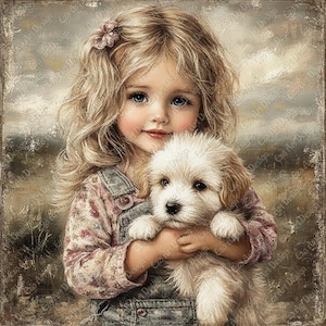 May include: A digital painting depicting a young girl with blonde hair and blue eyes cradling a small, fluffy white dog. The girl is dressed in a pink floral shirt and denim overalls. The artwork has a soft, painterly style.