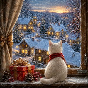 May include: A white cat wearing a red scarf sits on a wooden windowsill looking out at a snowy village scene. Beside the cat is a red gift box with a gold ribbon, two pinecones, and red berries. A beige curtain with a gold bow hangs to the left.