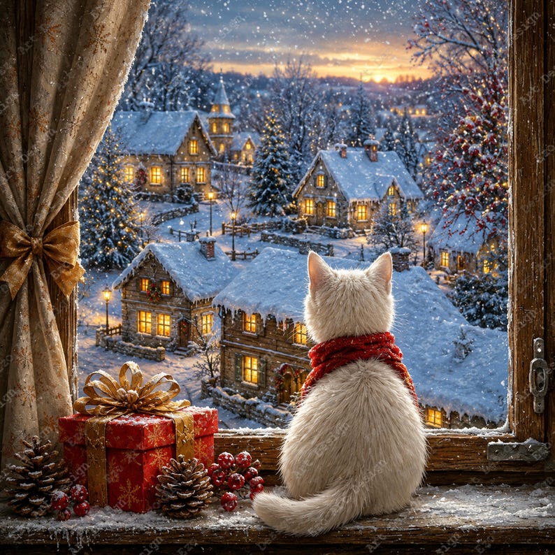 May include: A white cat wearing a red scarf sits on a wooden windowsill looking out at a snowy village scene. Beside the cat is a red gift box with a gold ribbon, two pinecones, and red berries. A beige curtain with a gold bow hangs to the left.