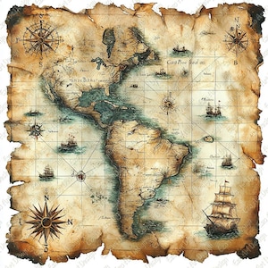 May include: A detailed, vintage treasure map with a nautical theme. The map depicts continents, oceans, compass roses, and sailing ships. The aged paper has a distressed appearance, with the text "ANDU BRA" visible.