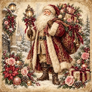 Peut inclure: Une illustration de style vintage représentant le Père Noël vêtu d'un long manteau rouge bordé de fourrure avec des broderies dorées, des bottes en cuir marron et un bonnet assorti. Il tient une lanterne allumée et porte un grand sac orné.