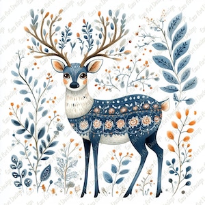 May include: A watercolour illustration of a deer with detailed floral patterns in blue and orange. The deer has large antlers decorated with leaves and berries. Stylized plants and foliage surround the deer, set against a white background.
