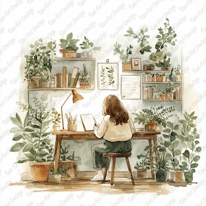 May include: Watercolour illustration of a workspace with a person at a wooden desk, surrounded by potted plants and shelves with books and decor. A warm desk lamp lights the scene.