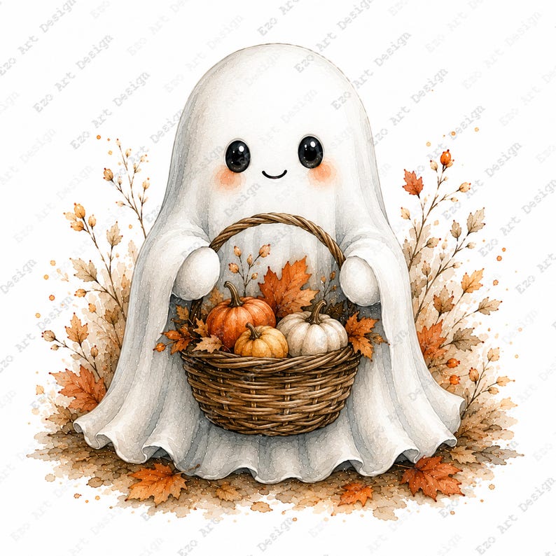 Puede incluir: Un personaje fantasma blanco con grandes ojos negros y mejillas sonrosadas que sostiene una cesta de mimbre marr&oacute;n llena de peque&ntilde;as calabazas naranjas y blancas, rodeado de hojas de oto&ntilde;o y ramas secas sobre fondo blanco.