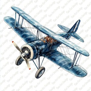 Op de afbeelding: Waterverfillustratie van een vintage dubbeldekker in blauwtinten. Het dubbeldekker heeft een propeller, twee vleugels en een gedetailleerde cockpit. Het ontwerp bevat ingewikkelde draaddetails en een witte achtergrond.