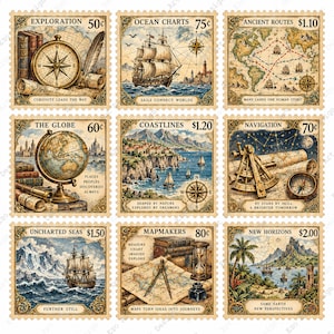 Op de afbeelding: Een verzameling van negen rechthoekige postzegels met vintage-stijl illustraties over exploratie, waaronder een kompas, zeilschepen, een wereldbol, kustlandschappen, navigatie-instrumenten en kaarten met bijbehorende teksten en waarden.