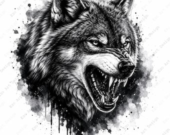 May include: A black and white illustration of a snarling wolf head with bared teeth and detailed fur texture. The artwork features a watercolor-style ink splatter effect surrounding the wolf, creating a dynamic and high-contrast visual composition.