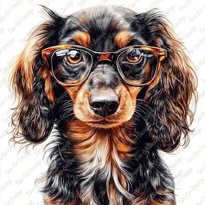 May include: A digital illustration of a dachshund with long fur, wearing tortoiseshell spectacles. The dog's coat is black and brown. The background features the repeated text "Ezo Art Design".