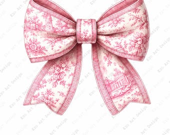Coquette Bow Floral Clipart, Toile Ribbon Feminine Fashion Art, Girly Bow Print (Digital Download)
