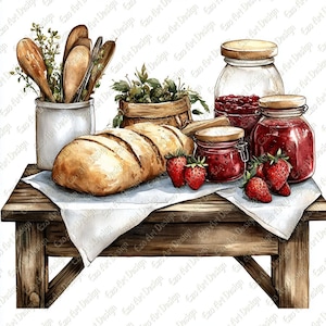 Puede incluir: Ilustración en acuarela de una mesa rústica. Una hogaza de pan, tarros de mermelada y fresas frescas están dispuestos sobre un paño blanco. Cucharas de madera y vegetación están en un tarro blanco y una cesta de mimbre.