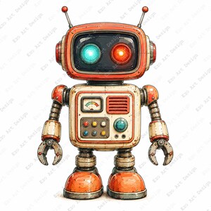 Op de afbeelding: Een robot in retrostijl met een rechthoekige oranje kop, twee antennes en een scherm met één gloeiend cyaan oog en één gloeiend rood oog. De romp is voorzien van een meter, een luidsprekerrooster, diverse gekleurde ronde knoppen en een draaiknop.