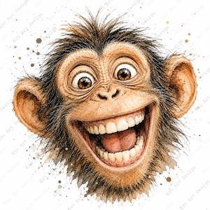 Puede incluir: Una ilustración en acuarela de una cabeza de chimpancé con ojos marrones grandes y expresivos y una amplia sonrisa que muestra los dientes. El mono presenta pelaje texturizado negro y marrón, orejas grandes y salpicaduras de pintura.