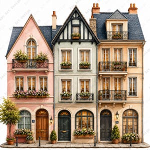 Könnte beinhalten: Aquarellillustration von drei europäischen Stadthäusern. Die Gebäude sind in Pastellfarben gemalt, mit Balkonen und Blumenkästen voller Blumen. Jedes Gebäude hat einen anderen architektonischen Stil, mit dunkelblauen Dächern und dekorativen Details.