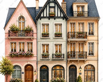 City House Clipart, European Floral Cottage Building Design, Watercolor (Digital Download)