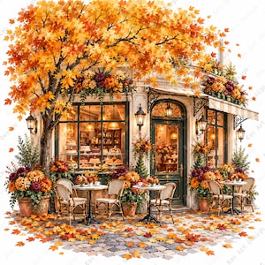 May include: A bakery storefront with a large tree featuring orange and yellow autumn leaves. The shop has glass windows displaying cakes, outdoor bistro tables with woven chairs, and flower planters filled with orange and purple chrysanthemums.