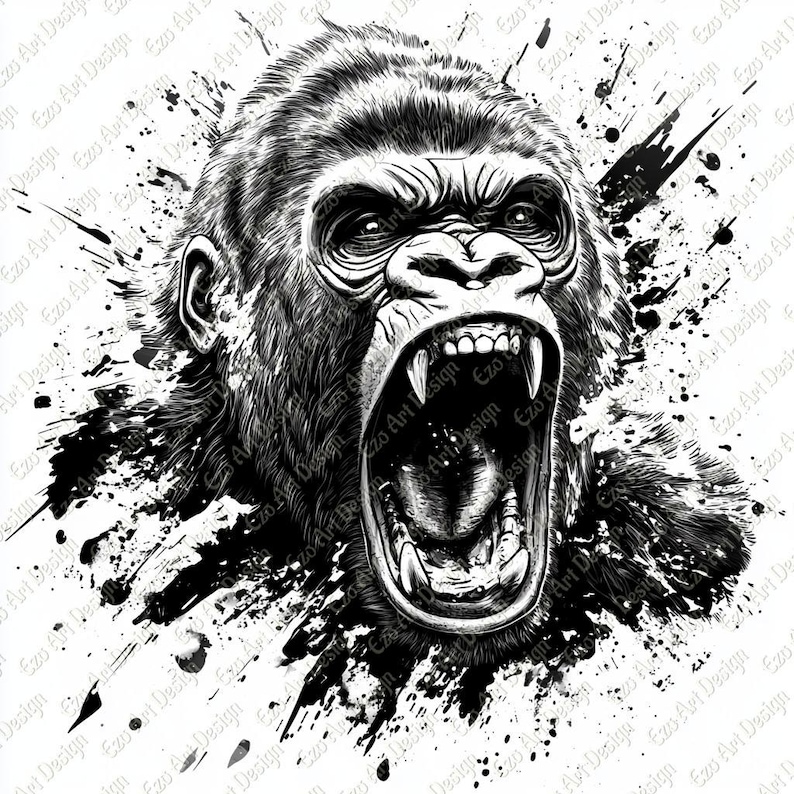 Black And White Roaring Gorilla Head Clipart Tattoo Design digital black-and-white-roaring-gorilla-head-clipart-tattoo-design-digital