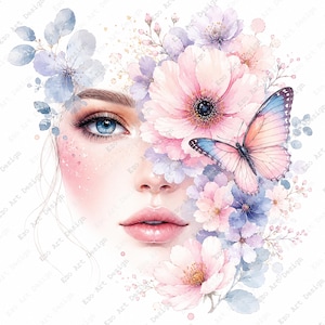Clipart visage floral, portrait de femme aquarelle, art imprimable papillon fleur (téléchargement numérique)