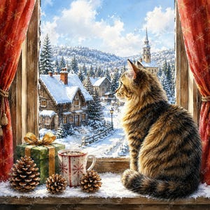 May include: A brown tabby cat sits on a windowsill looking out at a snowy village scene. On the sill are a green gift box with a gold ribbon, a white mug with red snowflake patterns, and three brown pinecones, framed by red curtains.