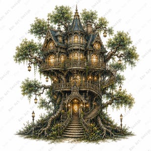 May include: A multi-story treehouse structure built into a large tree, featuring intricate architectural details, arched windows with warm interior lighting, wrap-around balconies, a spiral staircase, and hanging lanterns amidst green foliage.