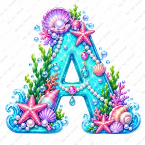 Mermaid Shell Alphabet Clipart, Ocean Coral Monogram Letters, Coastal Pearl Font (Digital Download)