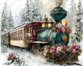 Watercolor Christmas Train Clipart, Vintage Holiday Art (Digital Download)