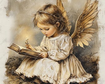 Imágenes prediseñadas de ángeles vintage, querubines navideños en sepia para imprimir, arte de pintura antigua (descarga digital)