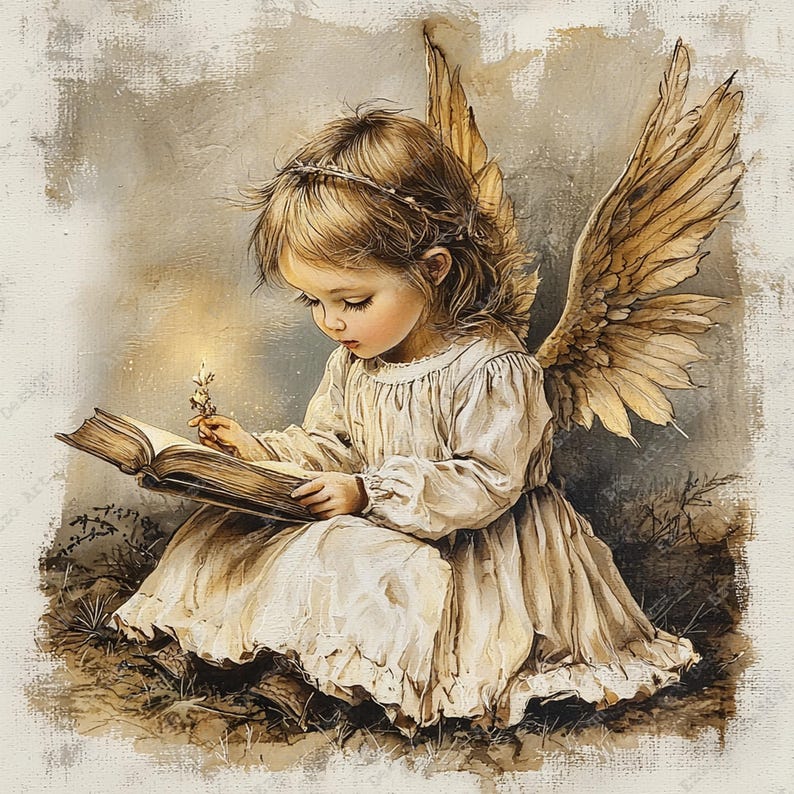 Vintage Angel Clipart, Sepia Christmas Cherub Printable, Antique Painting Art (Digital Download)