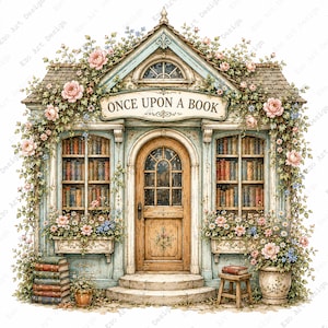 Puede incluir: Una fachada de librería azul claro con una puerta de madera, grandes ventanales llenos de libros y un letrero que dice ONCE UPON A BOOK. La estructura está adornada con enredaderas, rosas rosadas y flores azules, con libros y un taburete.
