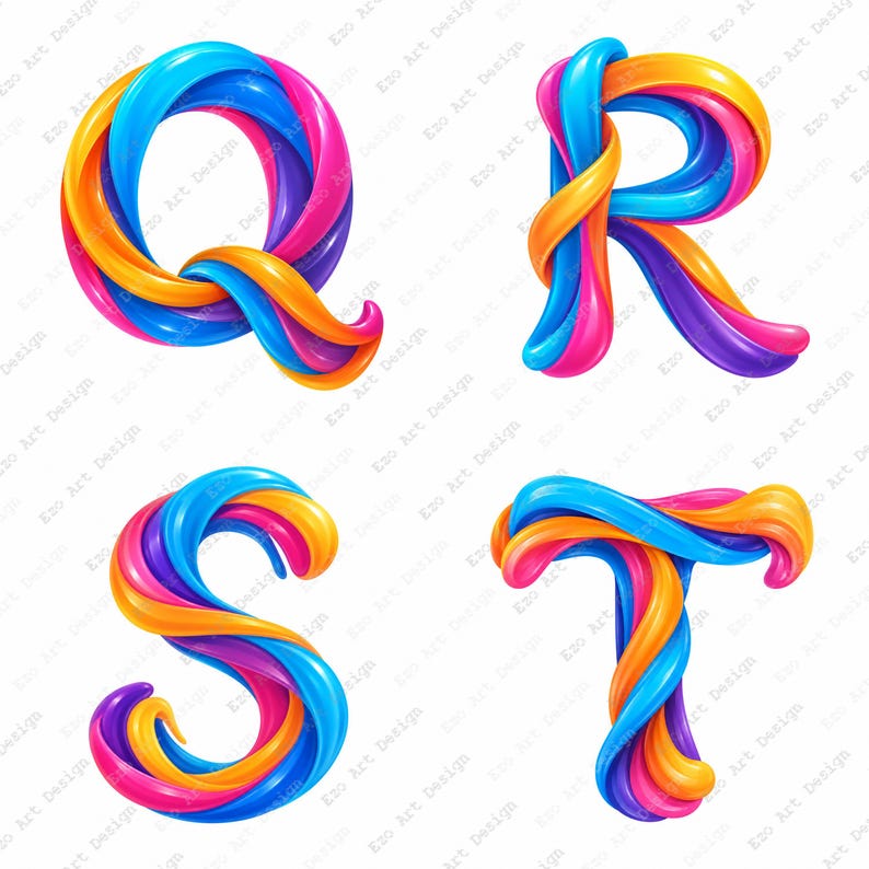 Swirl Pattern Letters Ribbon Alphabet Clipart, Colorful 3D Swirl Monogram Letters Gradient ...