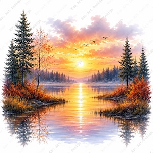 Sunset Lake Clipart, Watercolor Autumn Nature, Forest Reflection Printable Art (Digital Download)