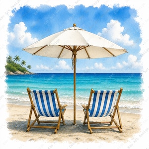 May include: A watercolor illustration of two wooden beach chairs with blue and white striped fabric seats positioned side by side on a sandy beach under a large white beach umbrella, facing a turquoise ocean with a distant green coastline.